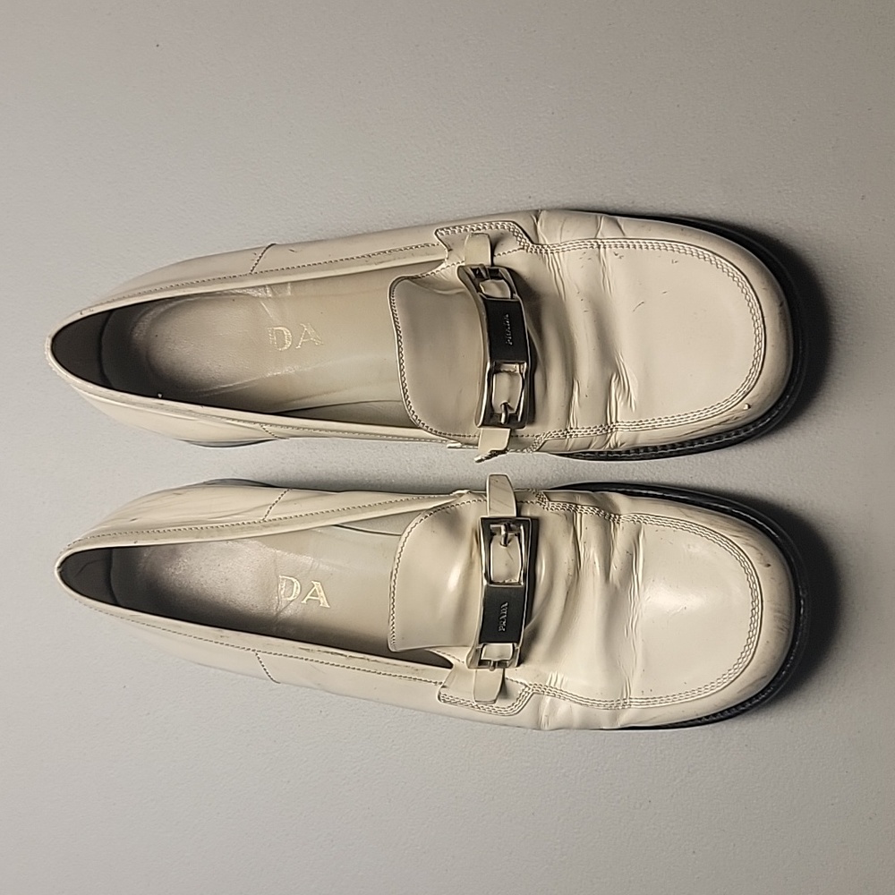 Prada Vintage Loafer in Off-White Leather with Silver Logo Buckle & Chunk Heel